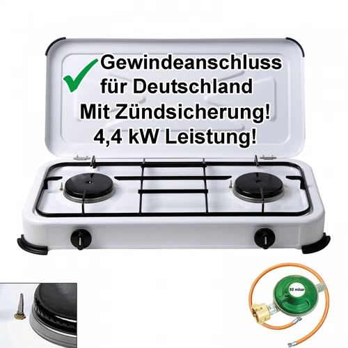 Campingkocher Gaskocher 2 flammig Zündsicherung 3 4 mit Gasschlauch + Gasregler