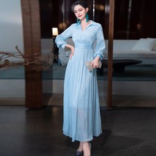American Style Women's Long Puff Sleeve Lapel Collar Over Knee Length Long Dress