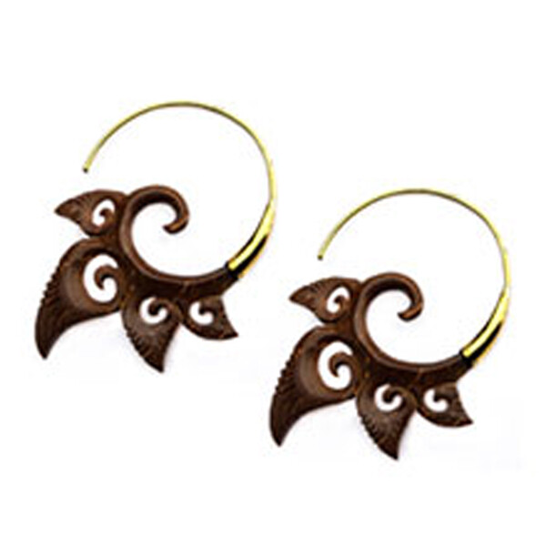 Steampunk Carved Coconut Shell on Large Brass Hoop Earrings 2 (5cm) drop Steampunk Carved Coconut Shell on Large Brass Hoop Earrings 2 (5cm) drop