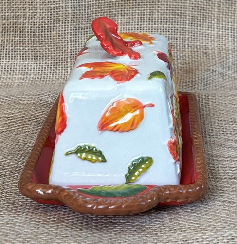 Temptations Harvest Covered Butter Dish 3D Fall Leaves Autumn Thanksgiving Rare - Picture 3 of 13