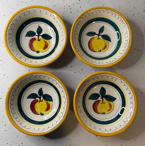 (4) Stangl Pottery 5" Fruit Dessert Sauce Bowls Peaches Yellow Rim Handpainted