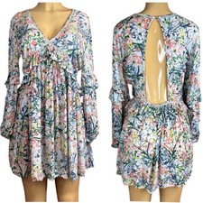 Raga Monique Ditsy Floral Print Mini Dress Open Back Long Sleeve Size Small