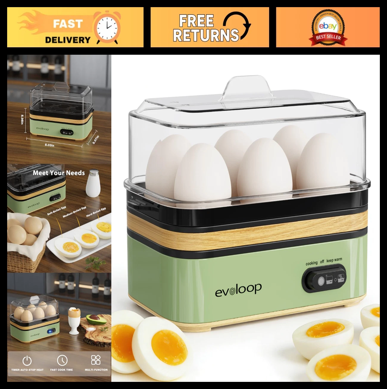 Electric Egg Cooker for 6 Eggs - Soft, Medium, Hard Boiled, Poacher & Omelet Mak