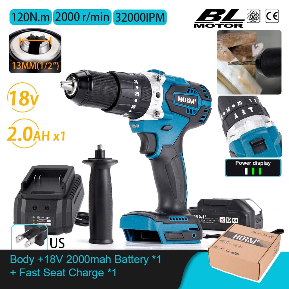 HORMY 18V Cordless Brushless 1/2" Hammer Drill Driver with Battery Charger for Makita