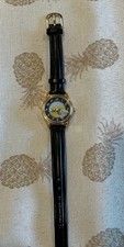 Vtg Curious George Fantasma Watch Gold Tone Black Leather Monkey Quartz