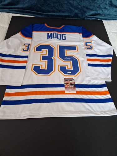 ANDY MOOG SIGNED AUTOGRAPHED CUSTOM XL EDMONTON OILERS HOCKEY JERSEY JSA COA