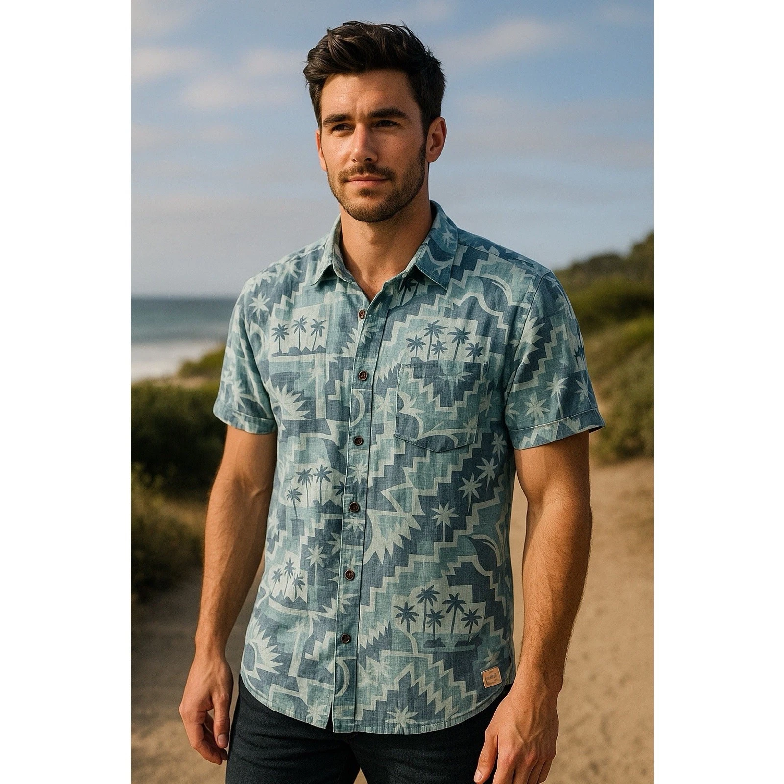 Hurley Men's Button Up Shirt Sz Med Blue Palm Tree Tropical Linen Blend