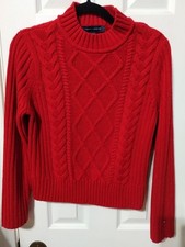 Women's Red Tommy Hilfiger Long Sleeve Heavy Cable Knit Pullover Sweater S/P