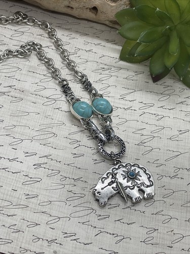 TURQUOISE NECKLACE Bear Feather Aztec Western Southwest Native Style Silver Fall - Picture 5 of 17