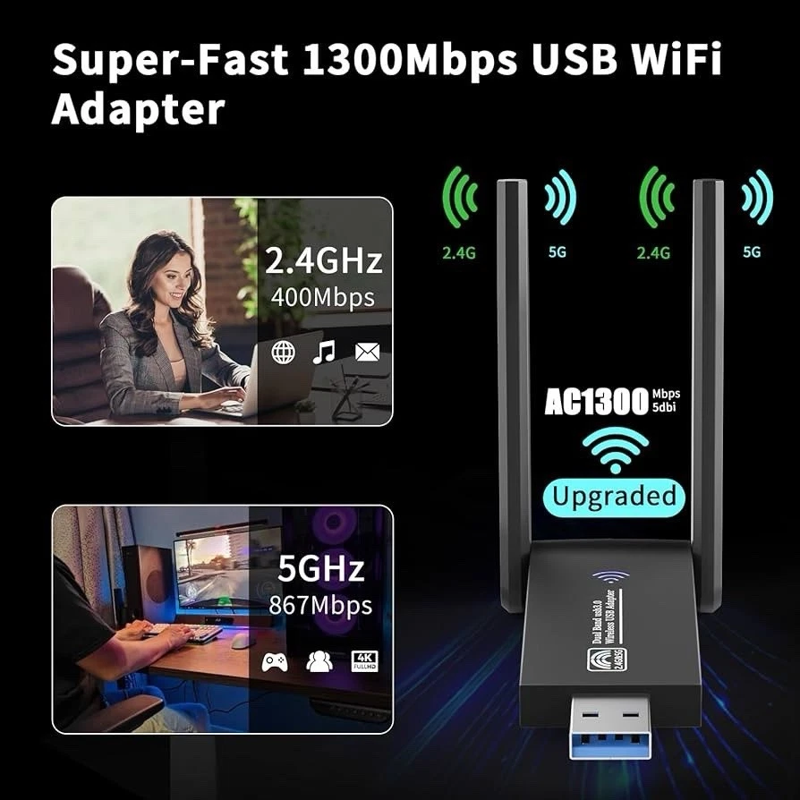 USB 3.0 WiFi Adapter for PC Desktop AC1300Mbps Dual Band 2.4G 5G Wireless Net... - Image 2 of 4