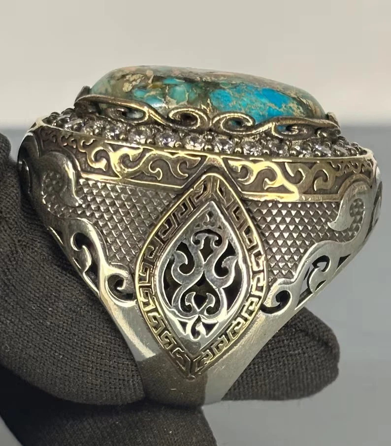 Sterling Silver Turquoise Ottoman Ring: Engraved Signet, Bronze Accent - Image 3 of 4