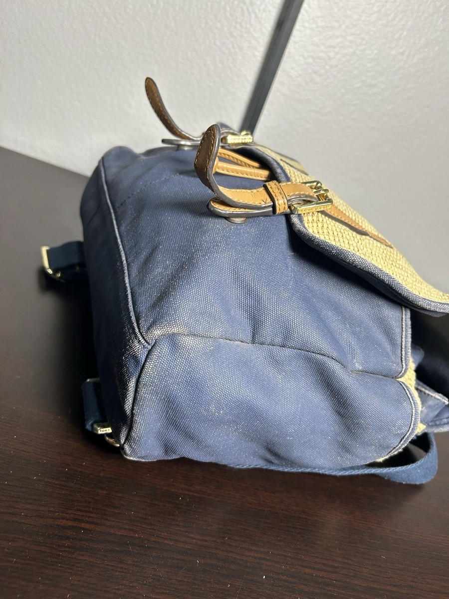 Tory Burch Navy Blue and Tan Woven Wicker Drawstring  display picture 3