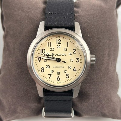 Bulova 96A246 Hack Ivory Dial Black Leather Strap Men s Automatic Watch