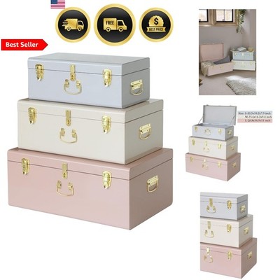 Decorative Storage Trunk Set of 3 Metal Lockable Chest for Home Dorm Organiza...