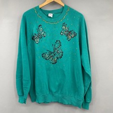 Vintage Jerzees Teal Butterfly Sequin Sweatshirt 2X Made in USA 90s Grannycore