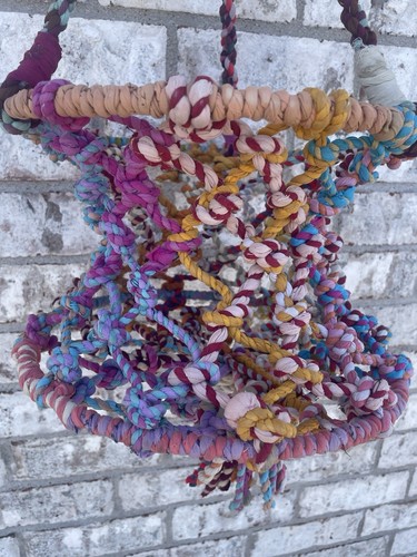 Handcrafted Fabric Macrame Hanging Plant Holder Multicolored Hour Glass Shape - Picture 6 of 11