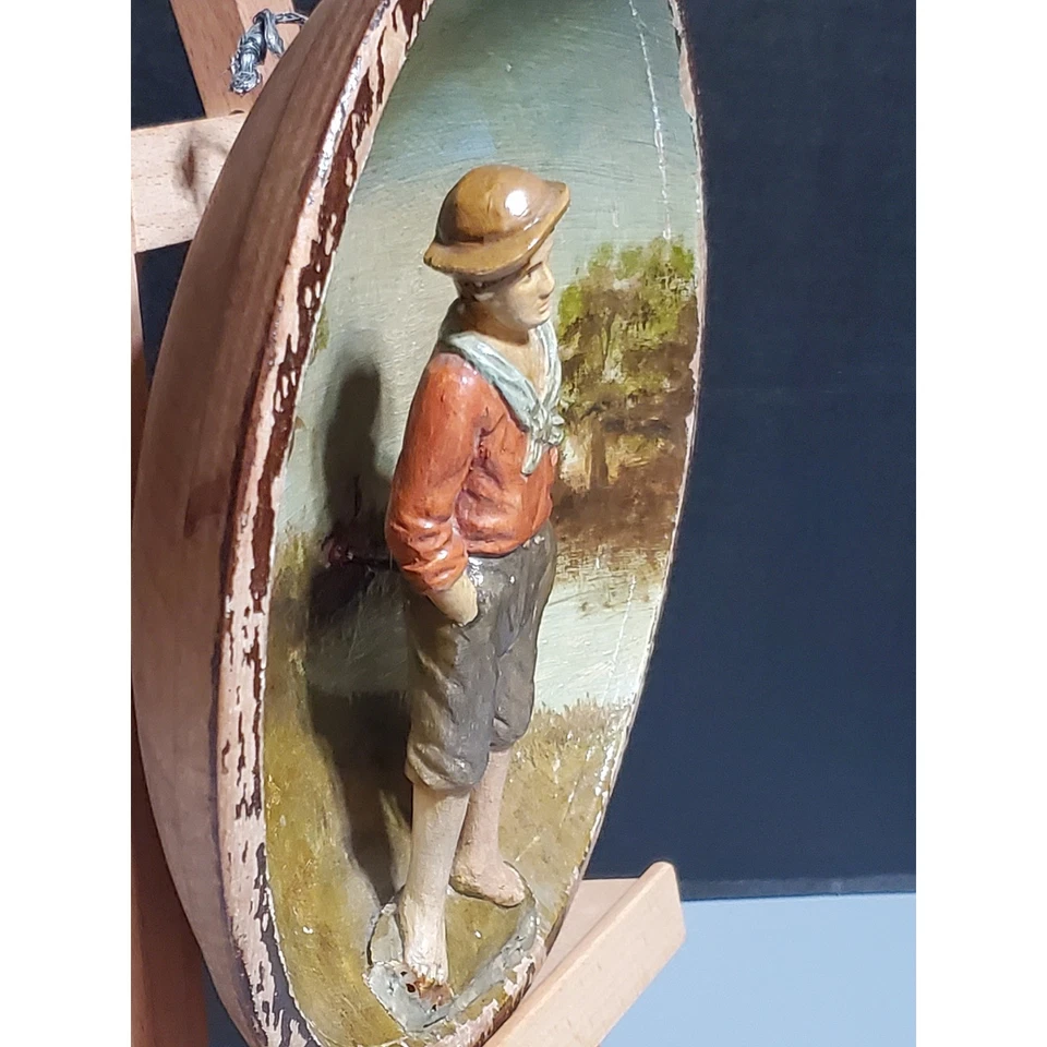 Антикварная расписная деревянная чаша 1900-х годов настенное искусство фигурка мальчика деревенский декор ручной работы - Изображение 4 из 4