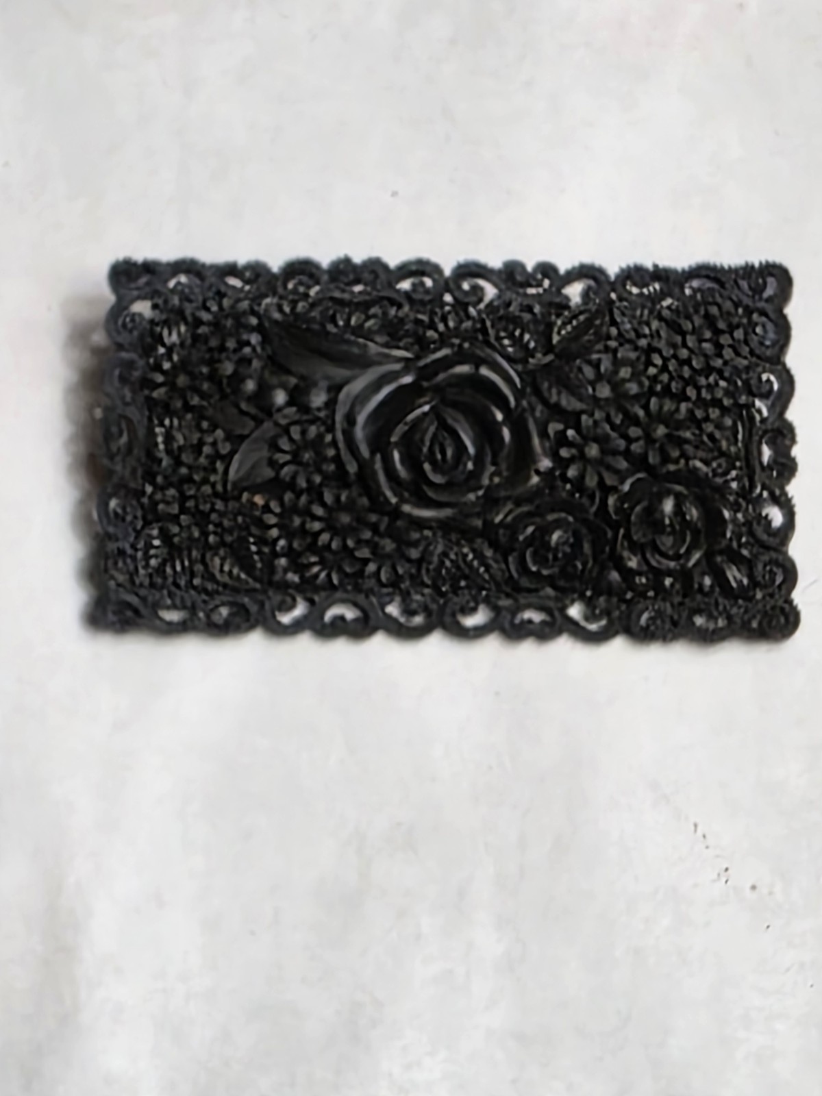 Black Celluloid Rectangular Repousse Rose Flower … - image 2