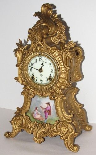 Antique Ansonia Gilt Metal and Porcelain Ornate Mantel Clock 8-Day, Time/Strike - Picture 3 of 17