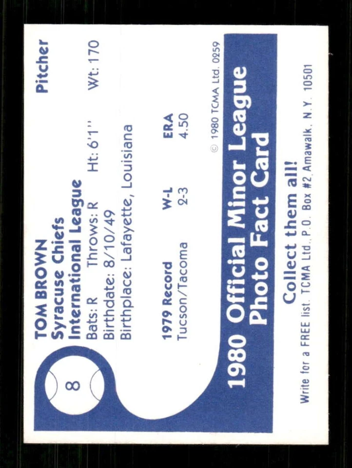 1980 TCMA Syracuse Chiefs 8 Tom Brown BXCP31 - Image 2 of 2