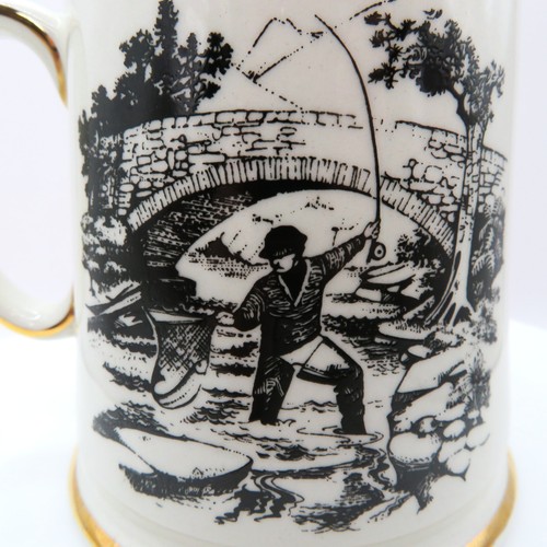 James Kent Staffordshire Mug Fisherman Scene Black Transferware with Gold Trim - Picture 3 of 13