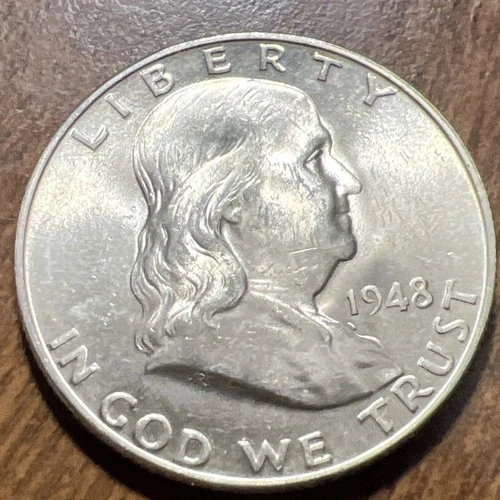 Key Date 1948-D Uncirculated Franklin Half Dollar Full Bell Lines Actual Coin.