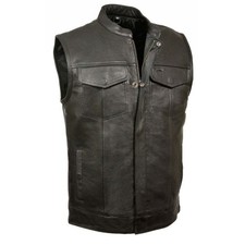 SOA Men's Motorcycle Club Leather Vest Concealed Carry Arms Solid Back