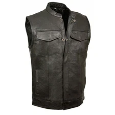 SOA Men's Motorcycle Club Leather Vest Concealed Carry Arms Solid Back