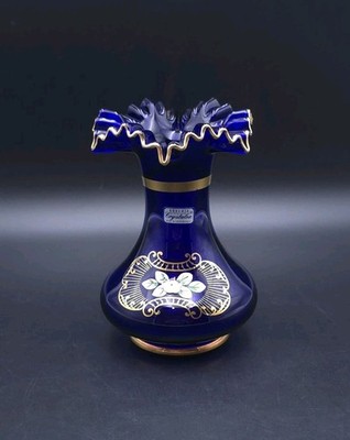 Bohemia Kristall Crystalex Handarbeit Kobaltblau Gold Rüschenrand Vase - mit Etikett