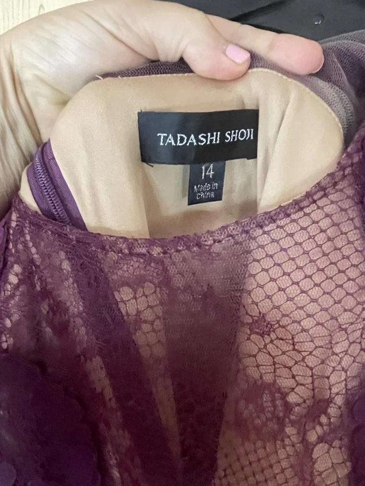 Vestido TADASHI SHOJI Borgoña Vaina Encaje Volantes Talla Grande 14 Fiesta Boda Novia Foto 4 de 4