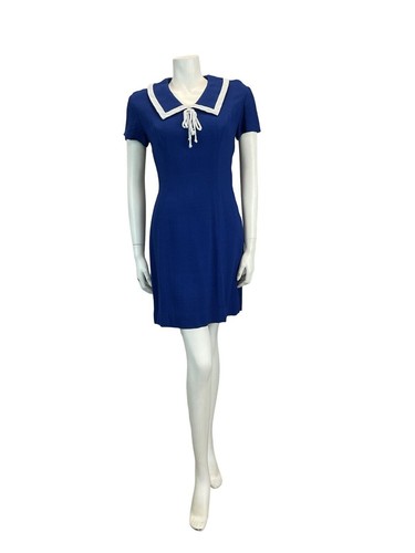 VTG 60S 70S ROYAL BLUE NAUTICAL LINEN FEEL MINI DRESS MOD GOGO SCOOTER 8 10 - Picture 4 of 7