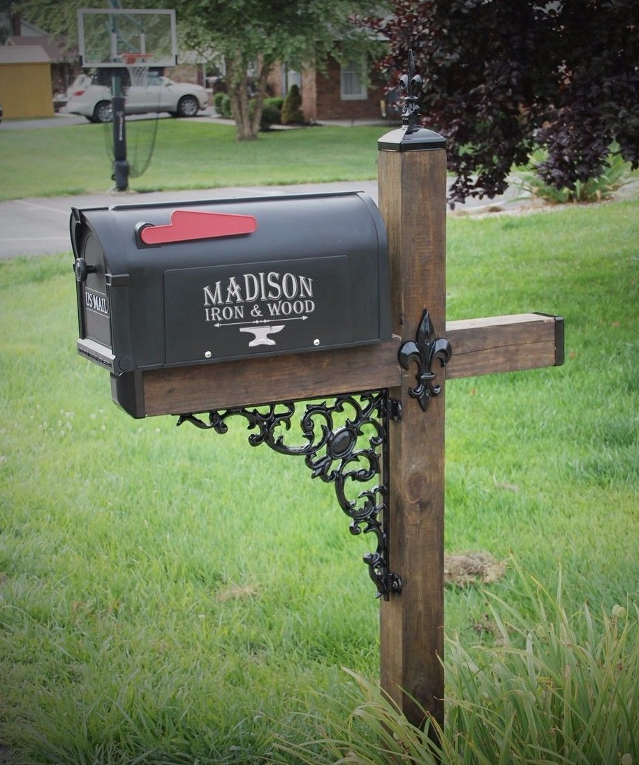 Fleur De Lis Wood Post Mailbox Dress Up Kit, Wrought Iron Mailbox