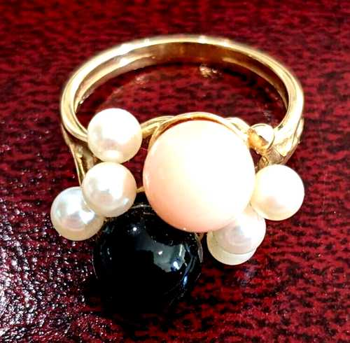 Solid 14K Gold Coral, Onyx & Pearl Ring 4.3 Grams Size 6 ~100s MORE IN MY STORE~ - Picture 3 of 9