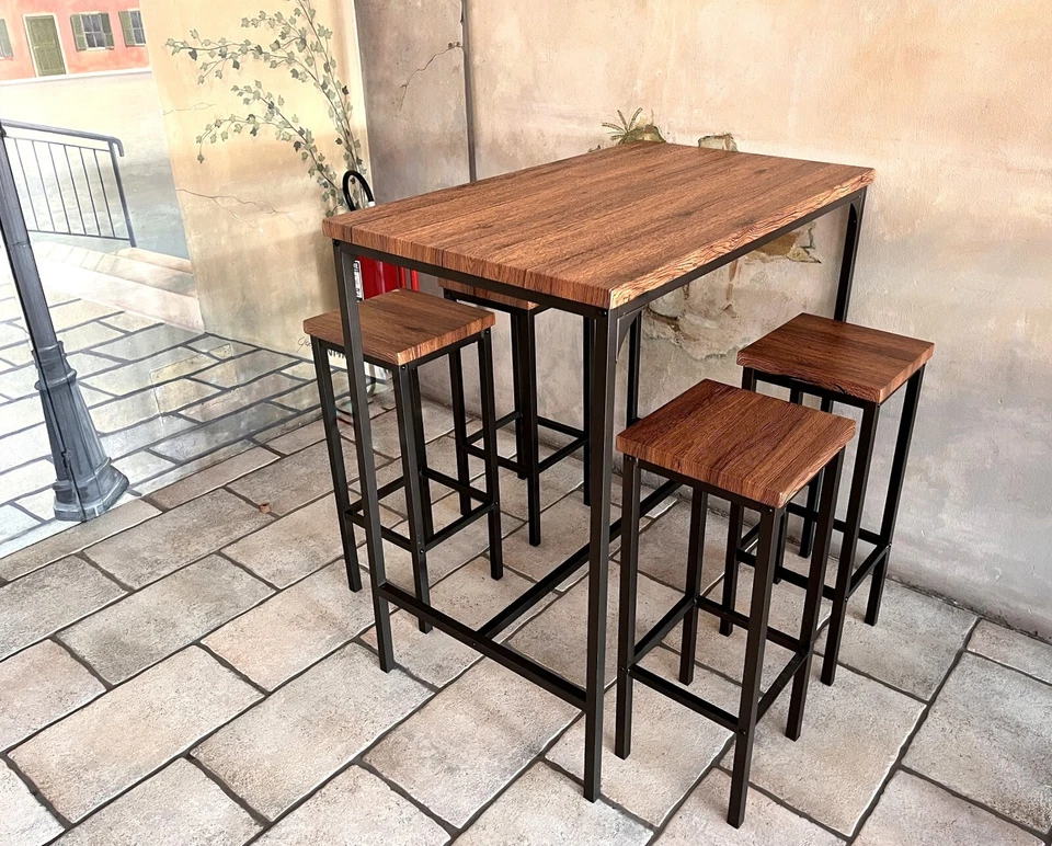Set Tavolo Bar Rettangolare e 4 Sgabelli Alti Mod. FIRENZE Marrone H.110 Design - Immagine 2 di 4