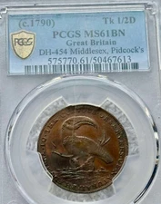 1790 COIN GREAT BRITAIN  1/2 D T K  PCGS MS61 BN COPPER