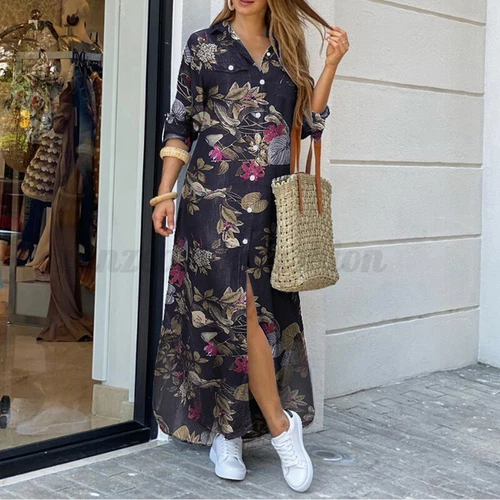 Damen Freizeit Kragen Langarm Shirt Kleid Blumen Knöpfe Lose Midikleid - Bild 39 von 46