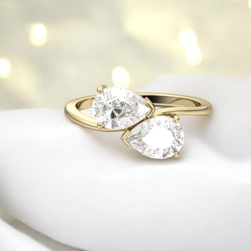GIA Certified 1 Carat F/VS1 Two-Stone Pear Cut Diamonds Solitaire Ring 18K Gold - Picture 4 of 6