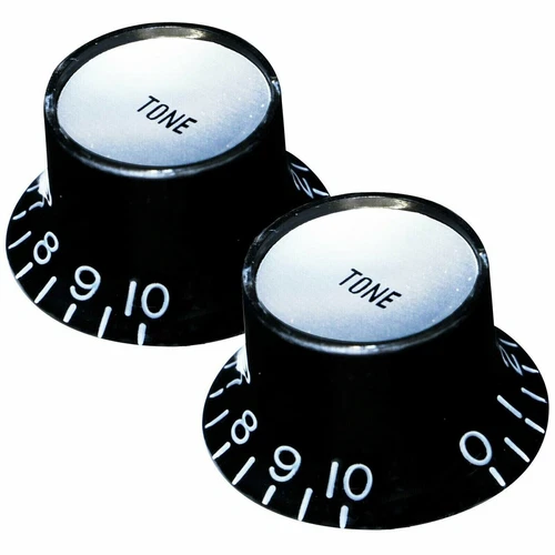 NEW (2) TONE Bell Top Hat Knobs Gibson® Style Black, Silver Top 1/4" Split Pots