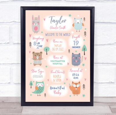 Neu Baby Geburt Details Taufe Kinderzimmer Waldtiere Andenken Geschenk Druck