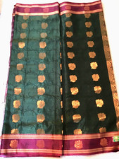 New Green Handloom Silk Saree With Attached Burgundy Blouse Piece
