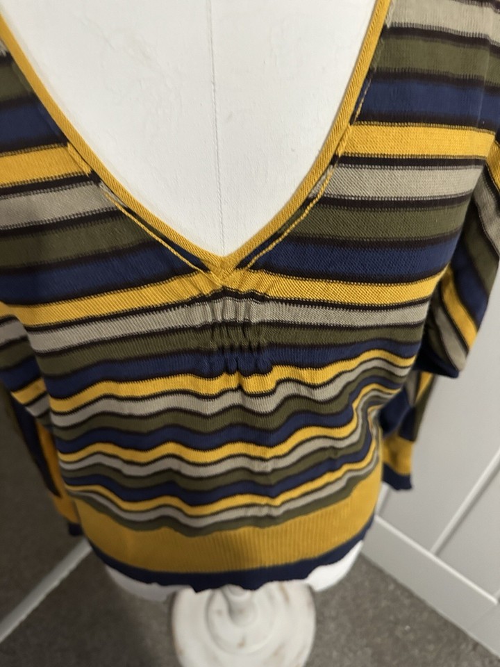 Whistles Size 4 UK 12/14 Mustard & Navy V Neck 100 Cotton Jumper BNWT