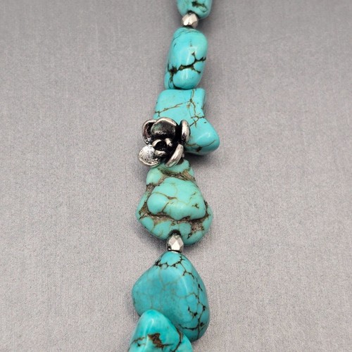 VTG Lucky Brand Turquoise Howlite Bead Necklace 26" Silver Tone Floral Accents - Picture 4 of 12
