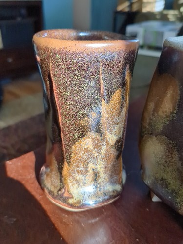 2x Studio Art Hand Thrown Small Pottery Cup Vase Brown Glazed Artist Signed - Picture 2 of 15