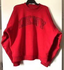 DKNY RED Exploded Rhinestone LOGO Pullover Fleece Sweatshirt Oversized Size L