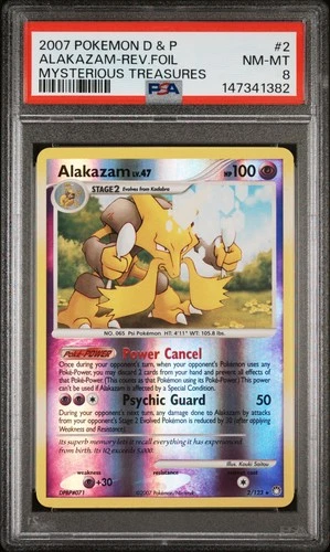 2007 POKEMON DIAMOND & PEARL MYSTERIOUS TREASURES #2 ALAKAZAM-REVERSE FOIL PSA 8