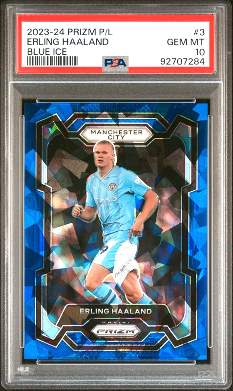 Erling Haaland /75 Blue Ice PSA 10 2023-24 Panini Prizm Premier League Pop 11