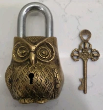 Antique Style OWL FACE design Brass Padlock + 1 key India