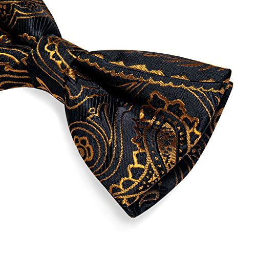  Silk Bow Ties for Men Paisley Pre-tied Bowtie and Pocket Square Black and Gold - Picture 4 of 7