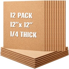 12 Pcs 12x12 Brown Cork Board Tiles, 1/4 Thick, Self Adhesive, Bulletin