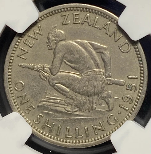 NEW ZEALAND 1951 King George VI 1S Shilling Coin Great Britain UK Rare, NGC AU53